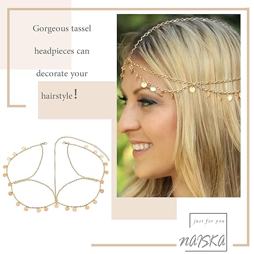 Miniatura 4 de NAISKA Cadena bohemia en capas con borlas doradas, diadema de lentejuelas, cadena para el cabello, joyería de Halloween, fiesta, baile de