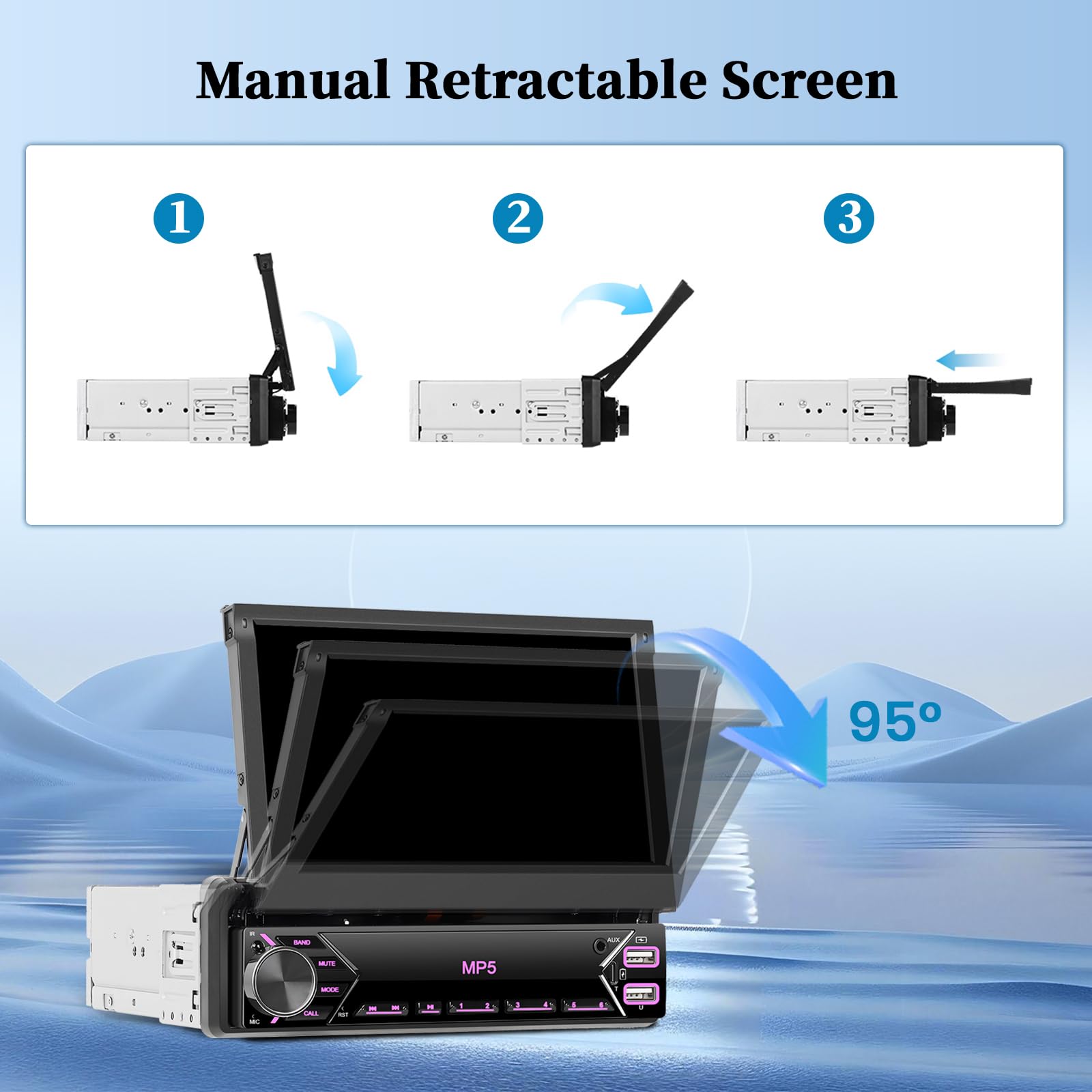 Roinvou Autoradio 1 Din avec Mirror Link, Écran Tactile Rétractable 7 Pouces MP5 Radio pour Voiture Stéréo avec Récepteur Bluetooth USB Type-C AUX EQ FM SWC Caméra de Recul & Microphon
