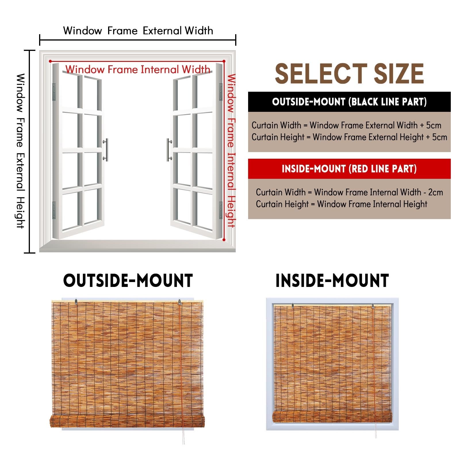 Naturel Store Enrouleur Roseau Store Bambou Intérieur Exterieur Imperméables Rideau de Paille Occultant 70% Anti-UV Intimité Pour Terrasse Jardin Gazebo 50 90 100 140 150 160cm Sur Mesure(W160xH200cm)