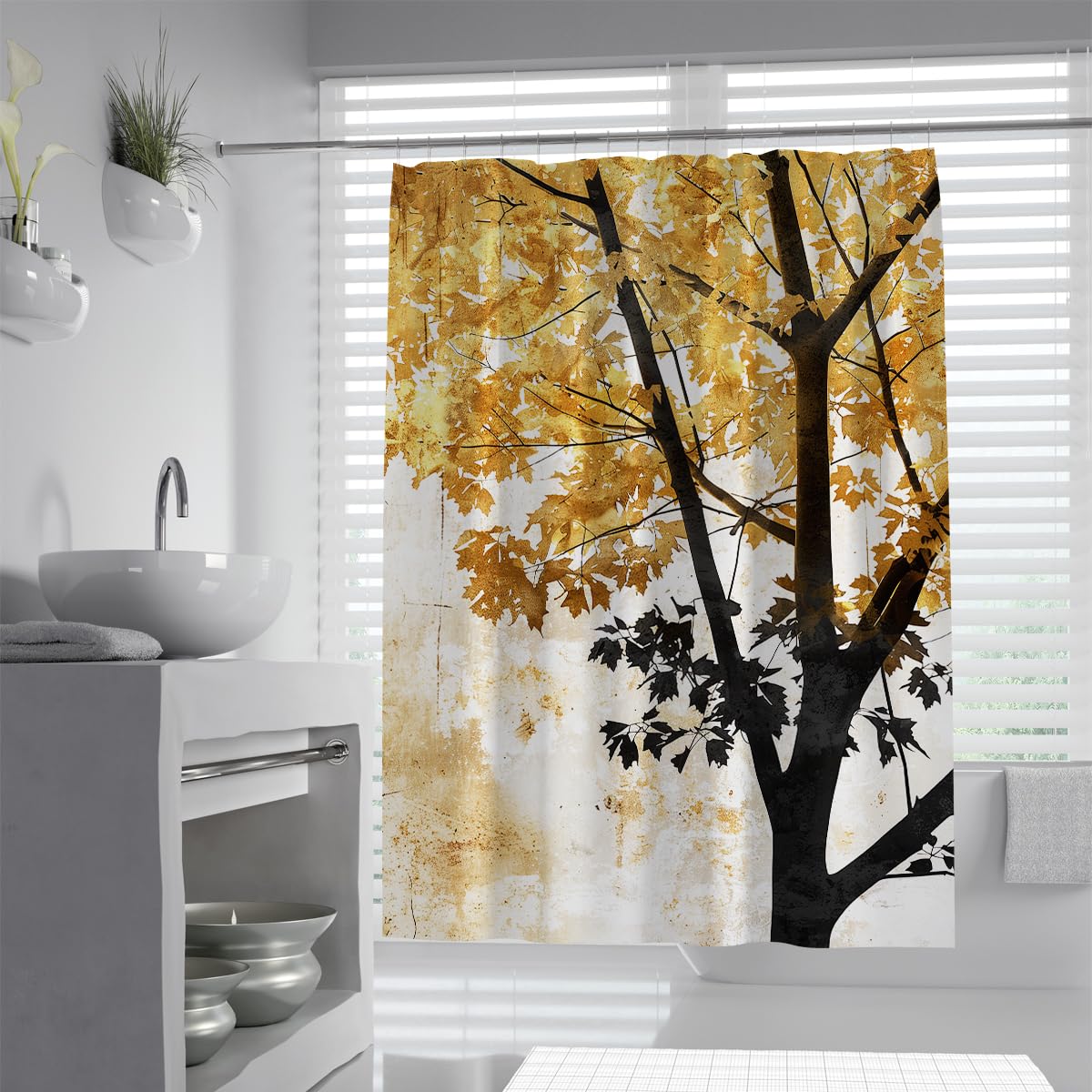 UIRINGART Maple Leaf Shower Curtain W200xL220cm Retro Yellow Black Forest Tree Branch Mildew Mould Resistant Polyester Fabric Waterproof Washable Apartment Bath Curtains