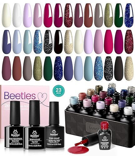 Beetles - Juego de 23 esmaltes de uñas de gel, color rojo burdeos, esmalte de gel verde y azul con brillantina, colección Atmosphere íntimo, lámpara