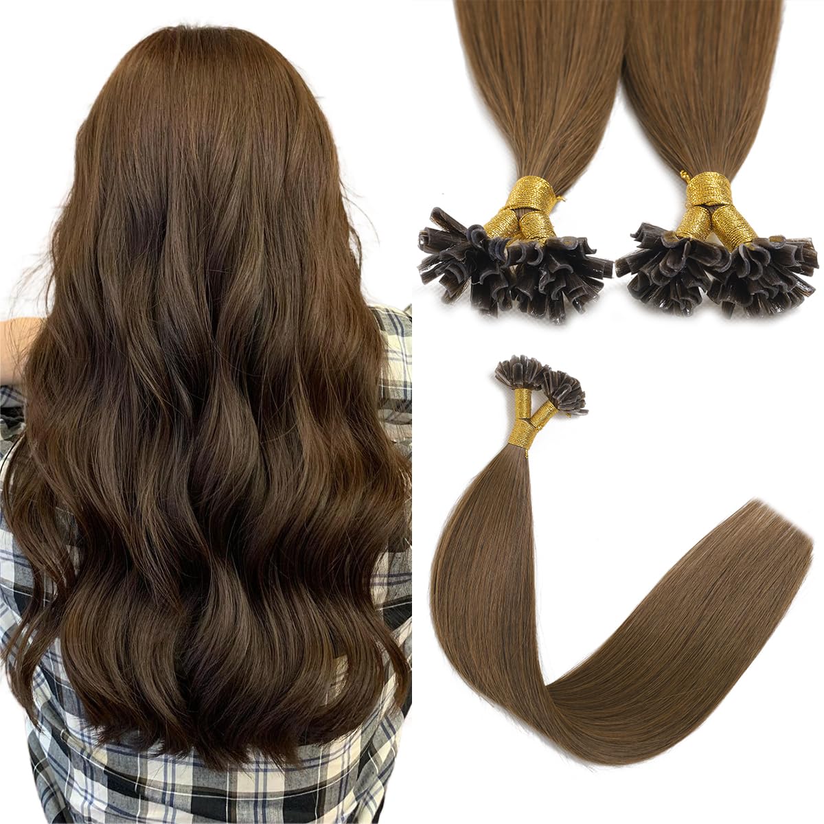 Sindra U Tip Hair Extensions Real Human Hair, 14 Inch 40 Gram 50 Strands Medium Brown Pre Blonded Fusion Extensions Straight #4 14inch