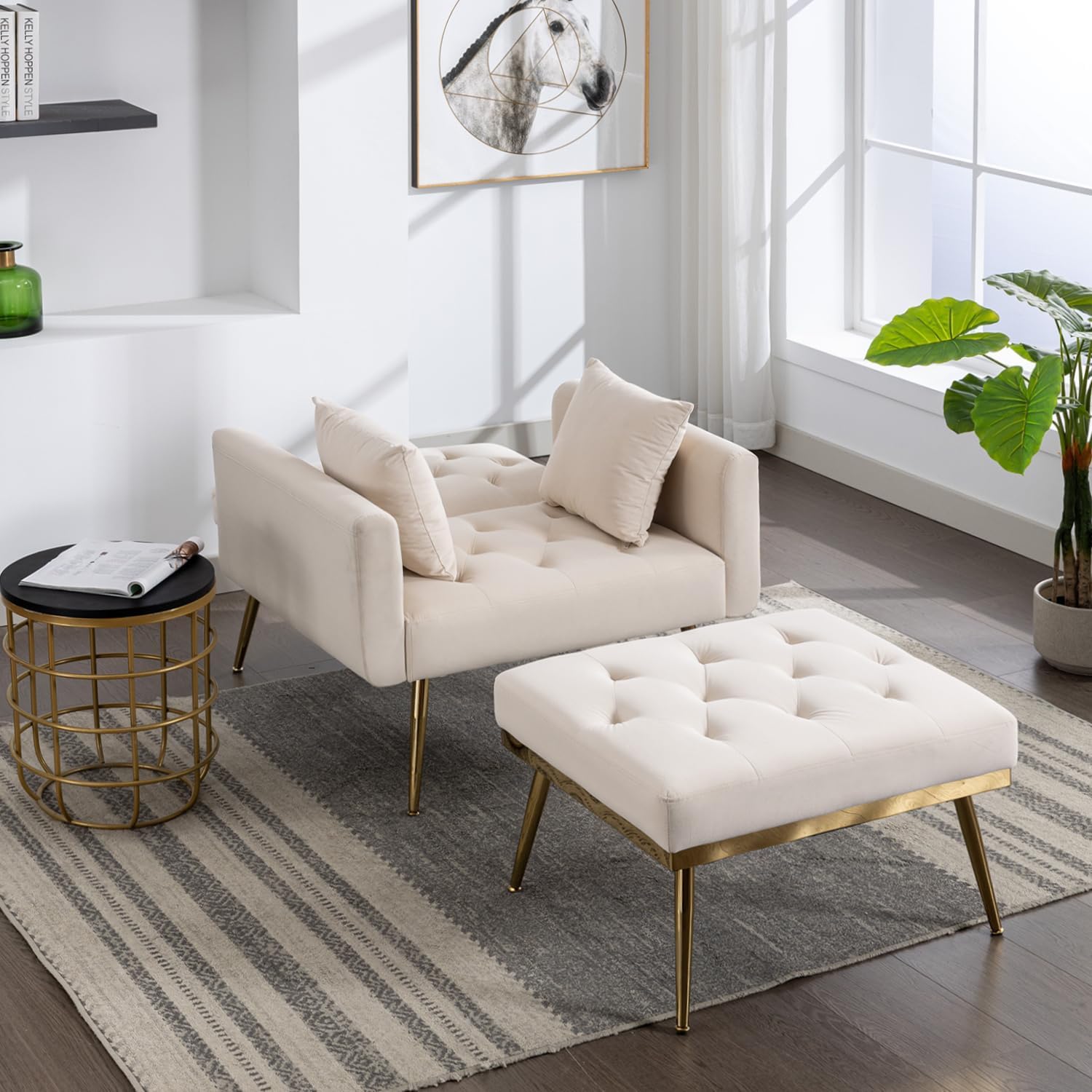 Velvet 2 in 1 Chaise Lounge Chair Indoor with Ottoman,Modern Sofa Bed with 3 Reclining Angles,Armrests,Convertible Sleeper Chair Bed for Living Room Bedroom Apartments Office (Beige-New Velvet)