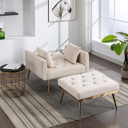 Miniatura 4 de Tumbona de terciopelo 2 en 1 para interiores con otomana, moderno sofá cama con 3 ángulos reclinables, reposabrazos, silla convertible para sala de