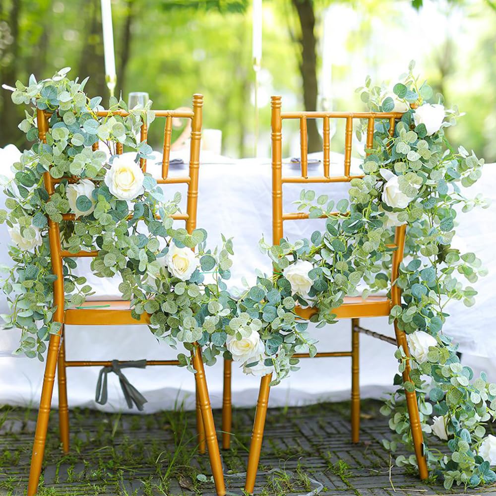 HOCEDO 2/4 pièces 2M Artificielle Eucalyptus Soie Rose camélias Fleurs Fausse Vigne Suspendue pour fête de Mariage Maison Arc Table décoration