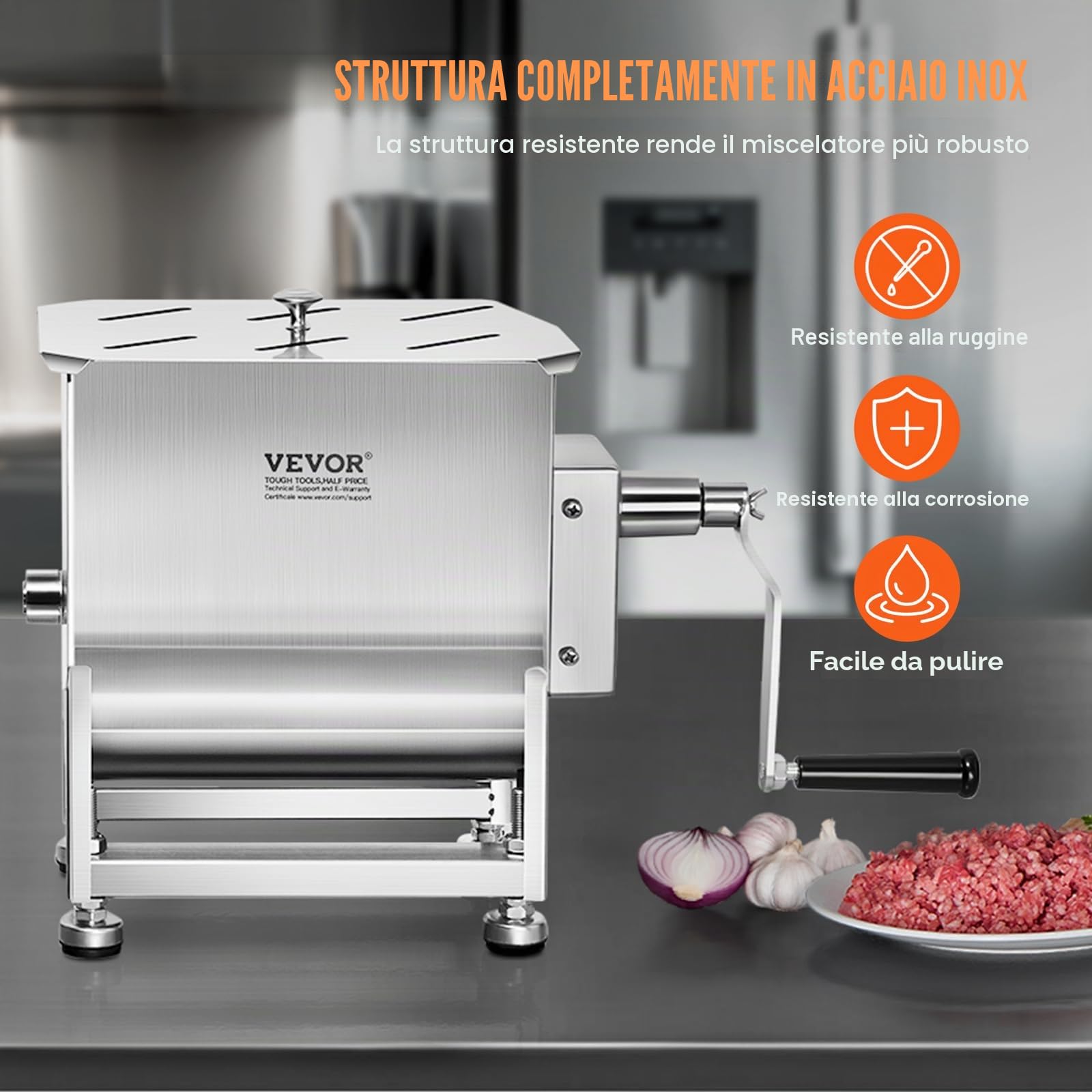 VEVOR Impastatrice Manuale per Carne, Miscelazione Massima Carne 13,6 kg, Frullatore con Riduttore in Acciaio Inox, Mpastatrice Manuale per Salsicce Carne Tritata 568 x 330 x 450 mm