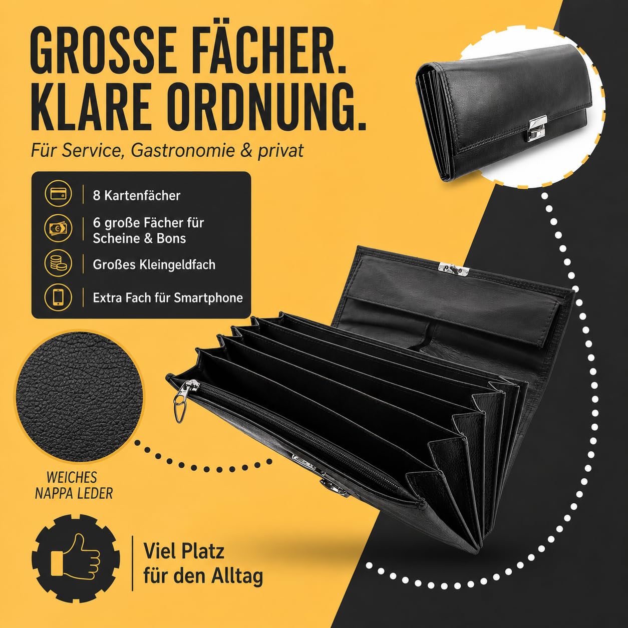 VATERLIEBE Kellner Geldbörse Leder – großes Kellnerportemonnaie mit viel Platz, großen Fächern & großem Kleingeldfach – weiche Nappa Leder Kellnerbörse mit stabilem Verschluss