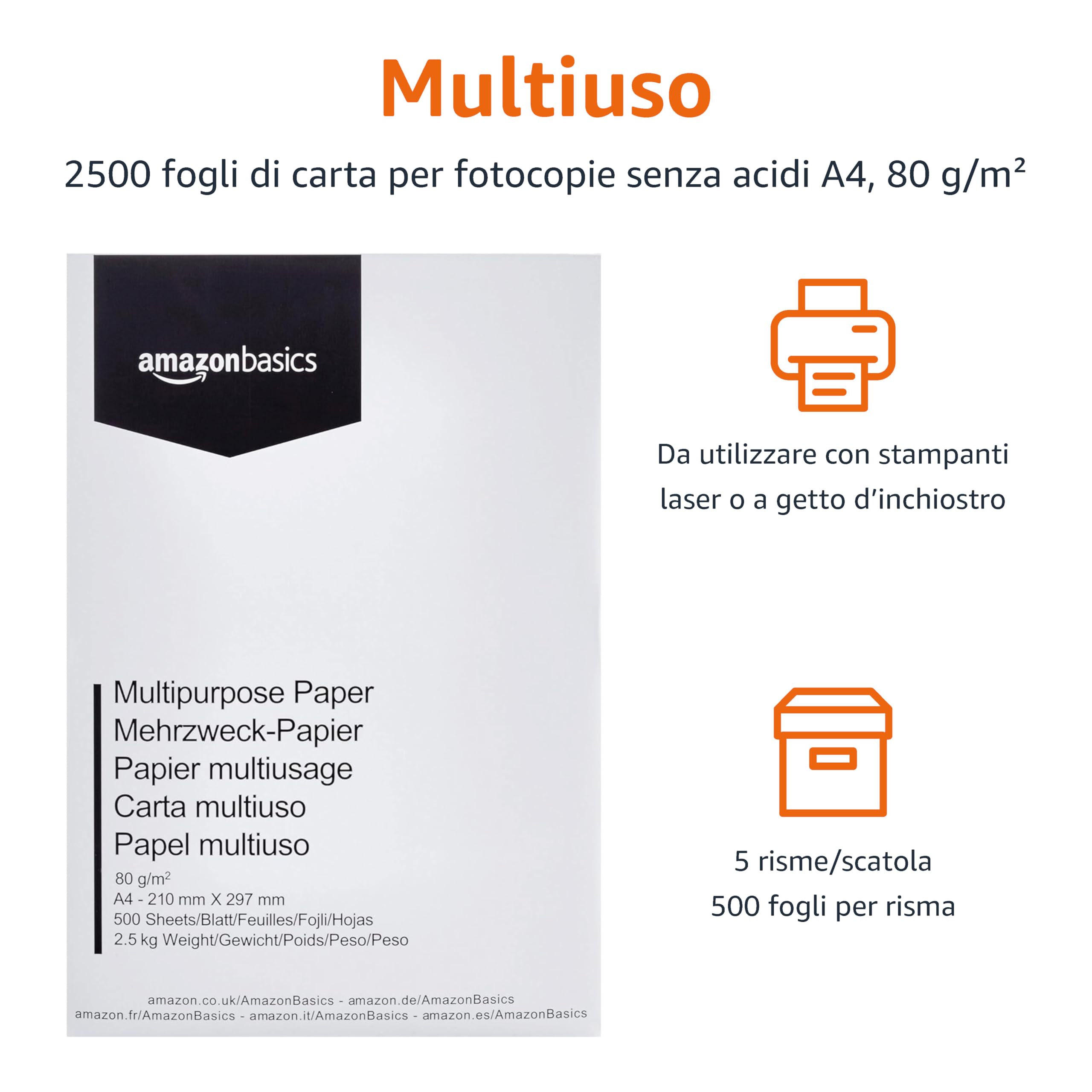 Amazon Basics Carta da stampa multiuso A4 80gsm, 2500 unità, Bianco
