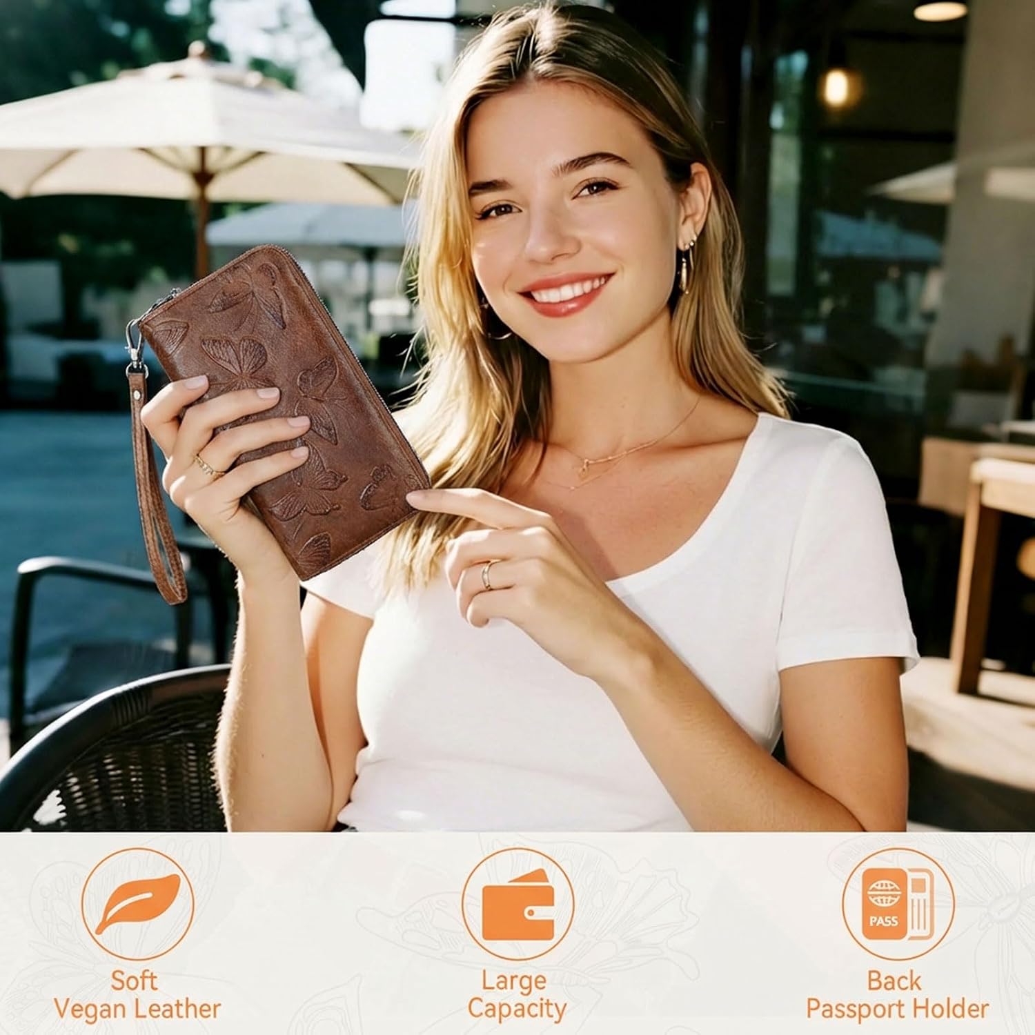 BELTANA Womens Wallet RFID Wallet Women with Passport Holder Butterfly Vegan Leather Multi Card Slots Wallets Large Capacity Wristlet Travel Purse for Women (Coffee)