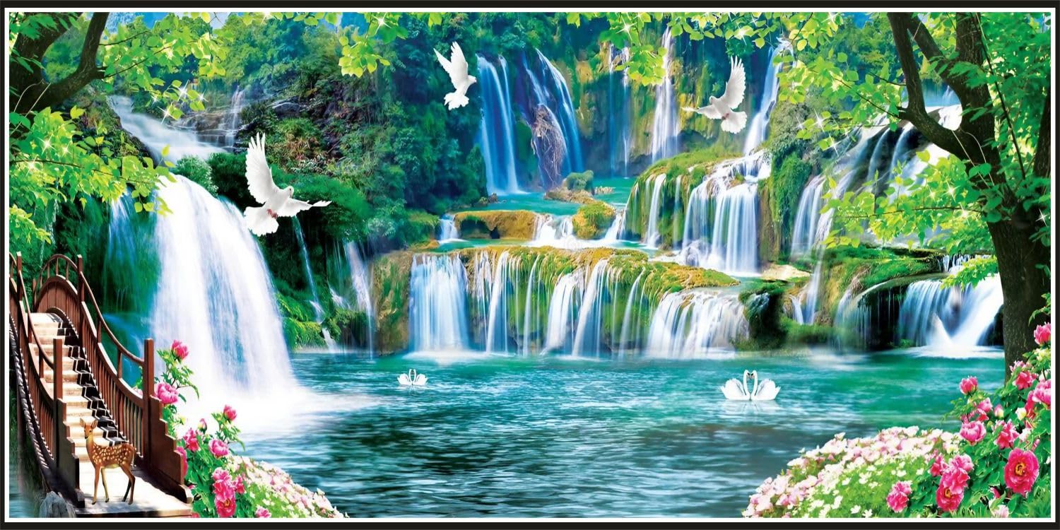 Vastu Waterfall with Greenery Wall Sticker Poster For Home, Office, Study Room | Nature Sticker Poster For Wall Decoration | Nature Wall Sticker Size [36 X18 ] Inch-image-26