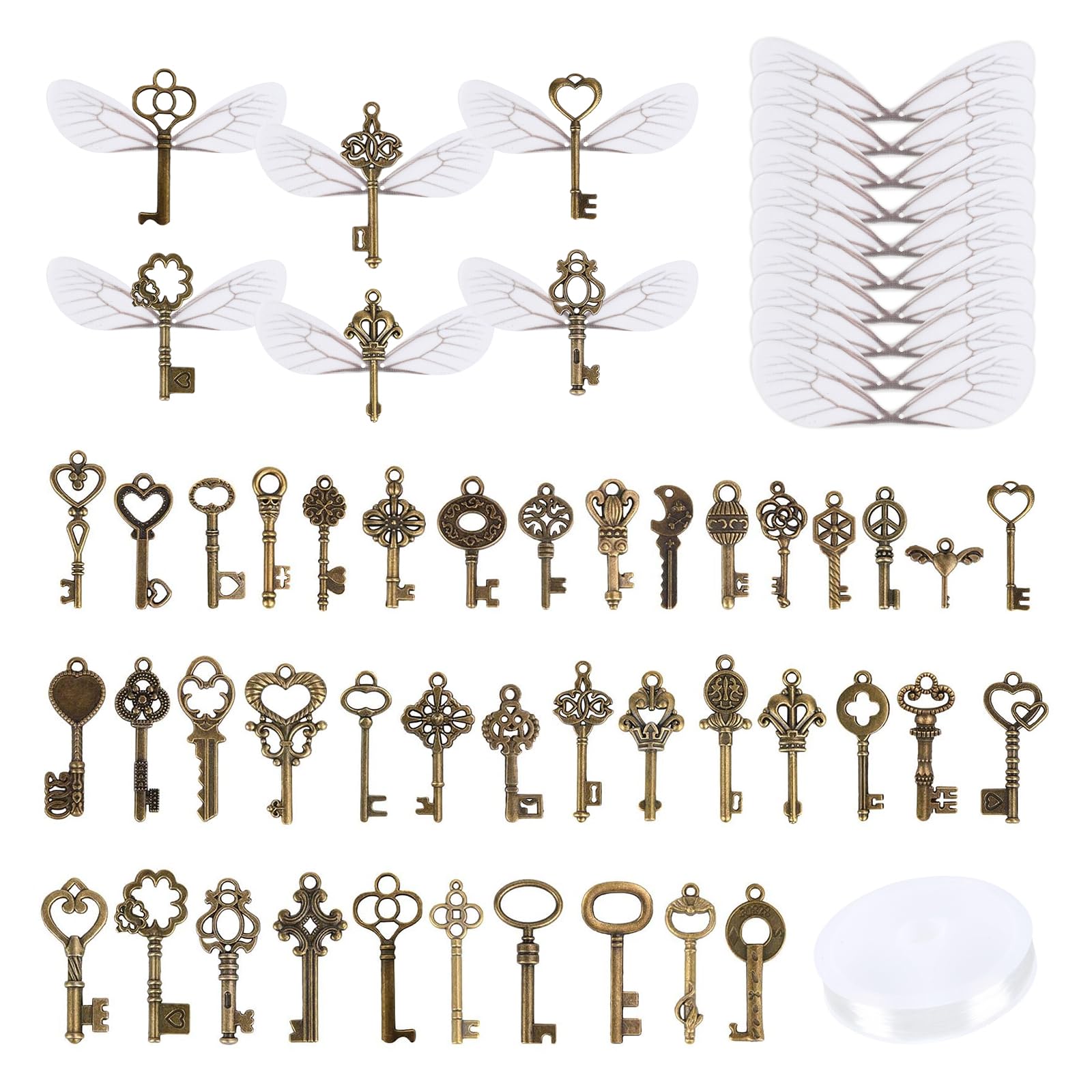 LXYANW 50 Piezas Llaves Colgantes, Colgante de Llaves Antiguas, Colgantes Llaves de Esqueleto Vintage con 50 Alas de Libélula, para DIY la Decoración de Boda Favor Colgantes Fabricación de Joyas