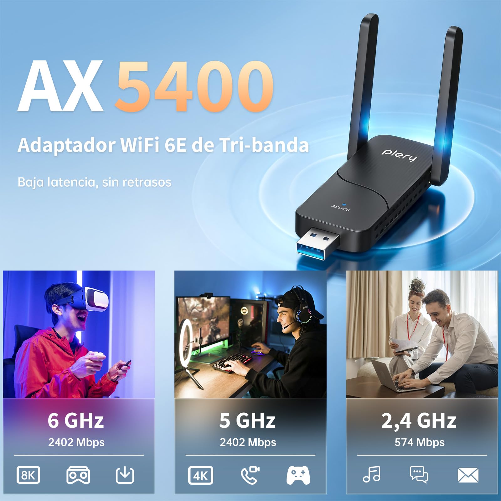AXE5400 Adaptador WiFi USB para PC, Antena WiFi PC | USB3.0 | Tri-Banda 6/5/2,4GHz | WPA3 | 2 Antenas de Alta Ganancia | MU-MIMO | OFDMA | Compatible con Windows 11/10