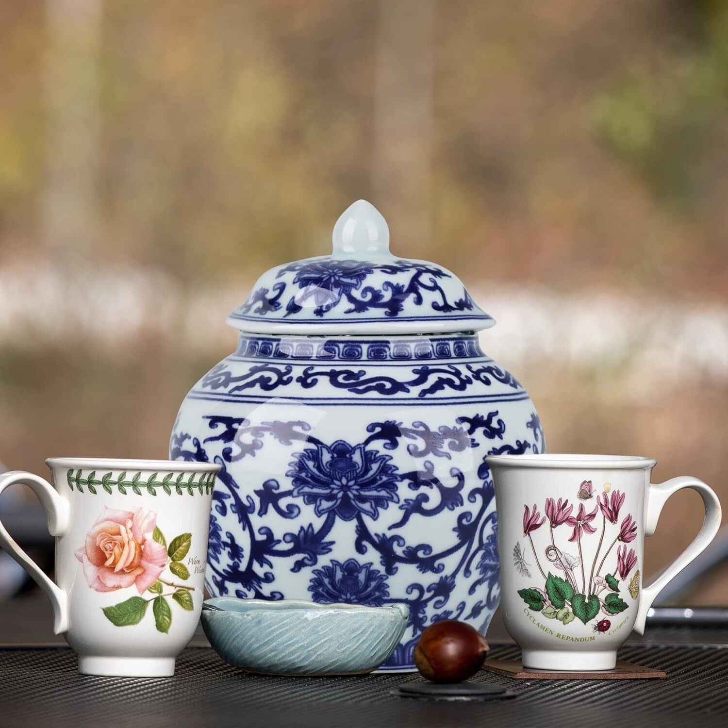 antique mini ❀ 小さなお花柄 蓋付き ポット 青い花柄の水差し ミニ