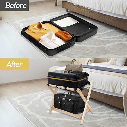 Miniatura 4 de Babion Paquete de 2 portaequipajes, plegable para habitación de invitados, soporte plegable para maleta con estante para artículos esenciales de