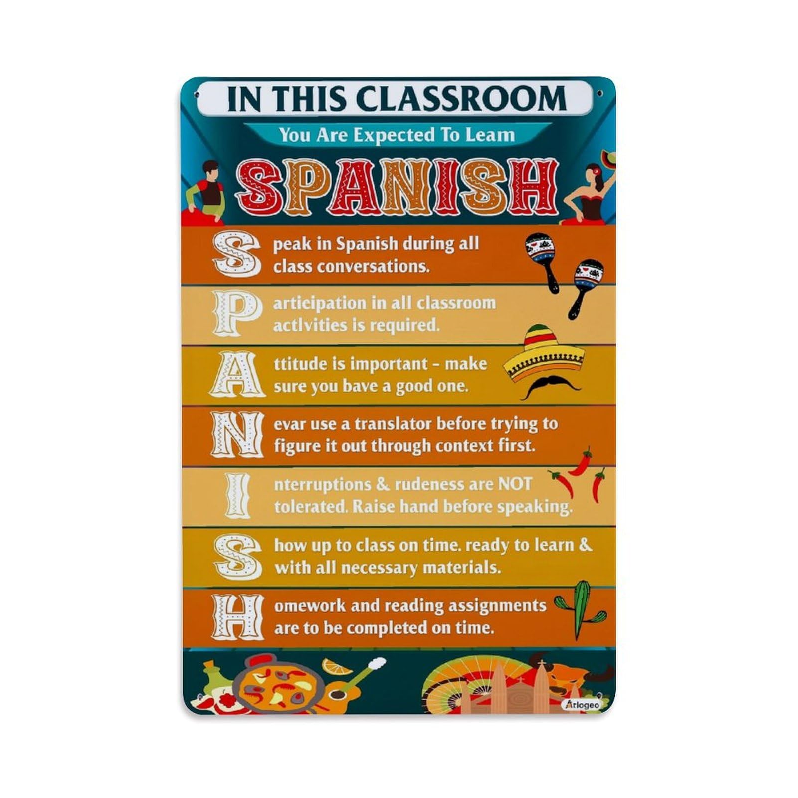 Jdfenggu Vintage Spanish Classroom Rules Poster Retro Metal Tin Sign, Decor Art Poster For Bar, Home, Man Cave, Kitchen, Laundry Room Gift 8X12inch