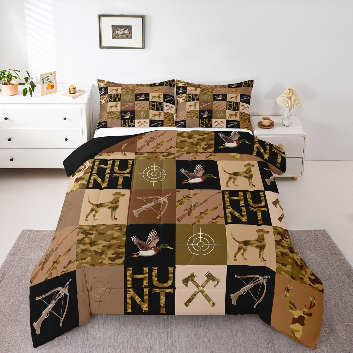 Feelyou Mallard Duck Hunter Comforter Set Toddler Size for Boys Teens Kids,Camouflage Deer Duck Hunt Theme Bedding Sets Hunting Camo Quilt Men Retro Room Decor