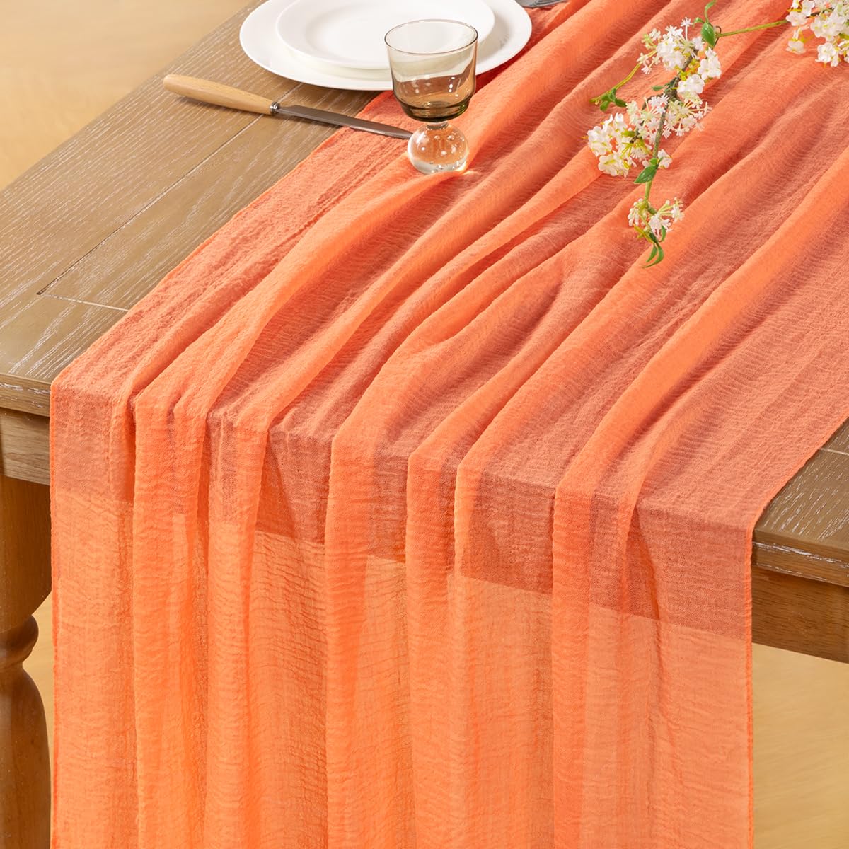 DeZerlor Orange Cheesecloth Table Runner 2 Pack Boho Gauze Summer Table Runners 120 inches Sheer Cheese Cloths for Rustic Wedding Bridal Baby Shower Party Summer Table Centerpiece