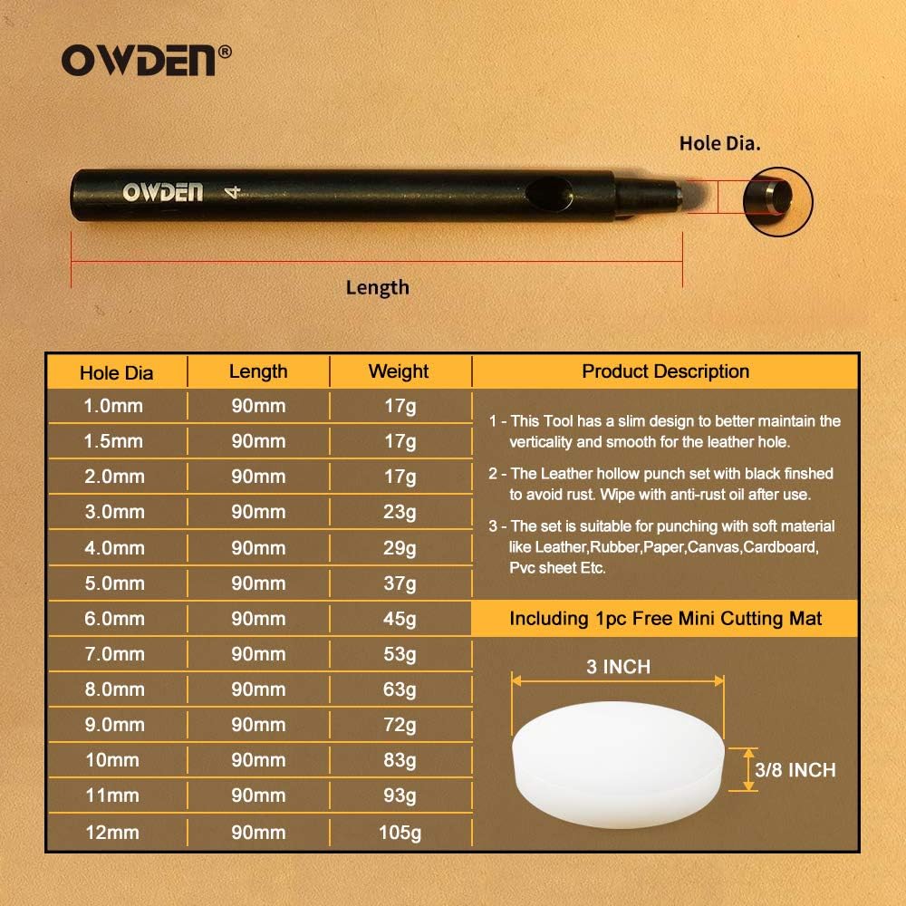 OWDEN Professional 13 Pcs Leather Hole Punch Set (Slim Style) 1.0-12MM for Leather Belt,Watch Band and Leather Strap Gasket. with a Free 3" Nylon mat. : Tools & Home Improvement