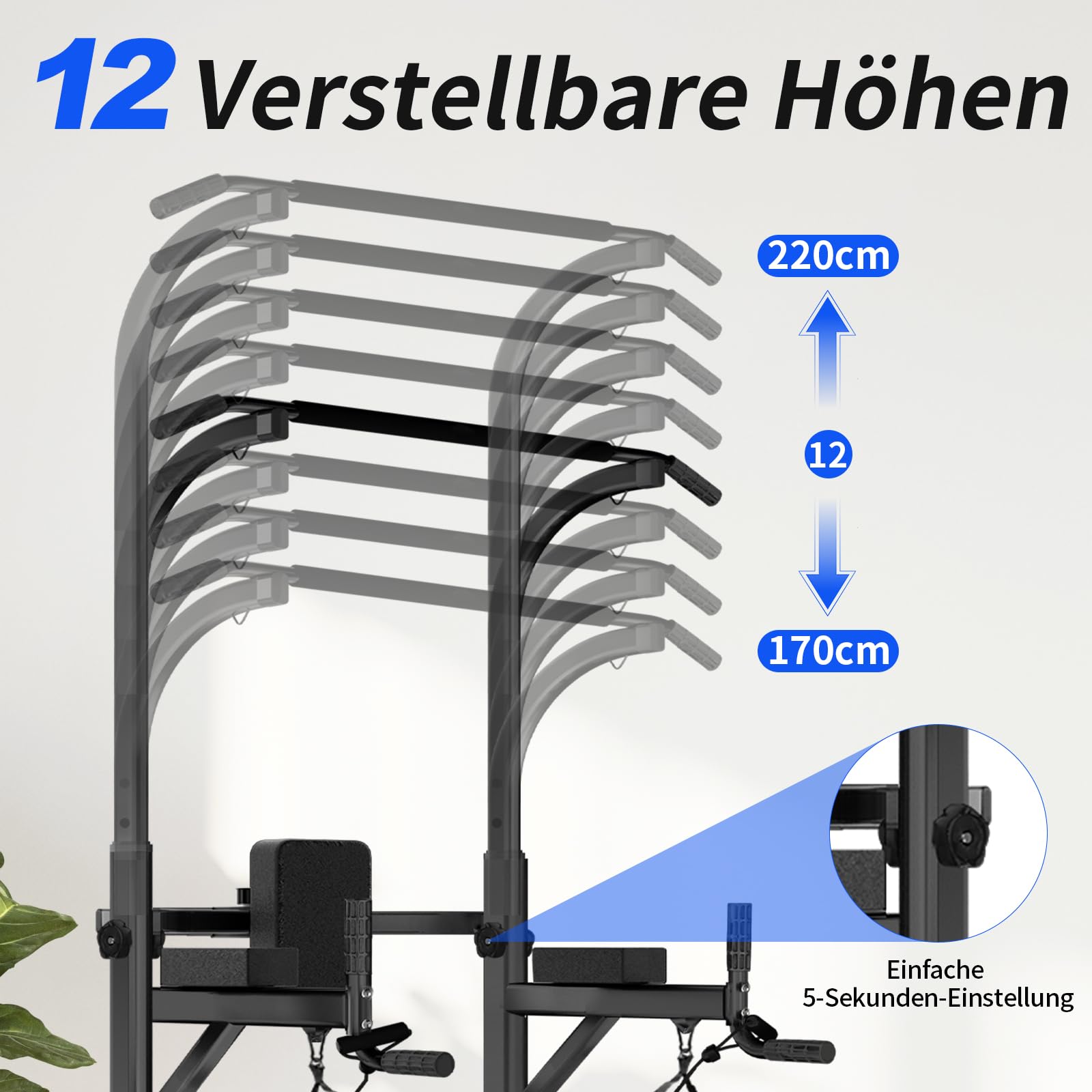 Power Tower Klimmzugstange Freistehend, Höhenverstellbar Klimmzug Dip Station Multifunktionales Heimfitness Gerät für Krafttraining und Körperübungen