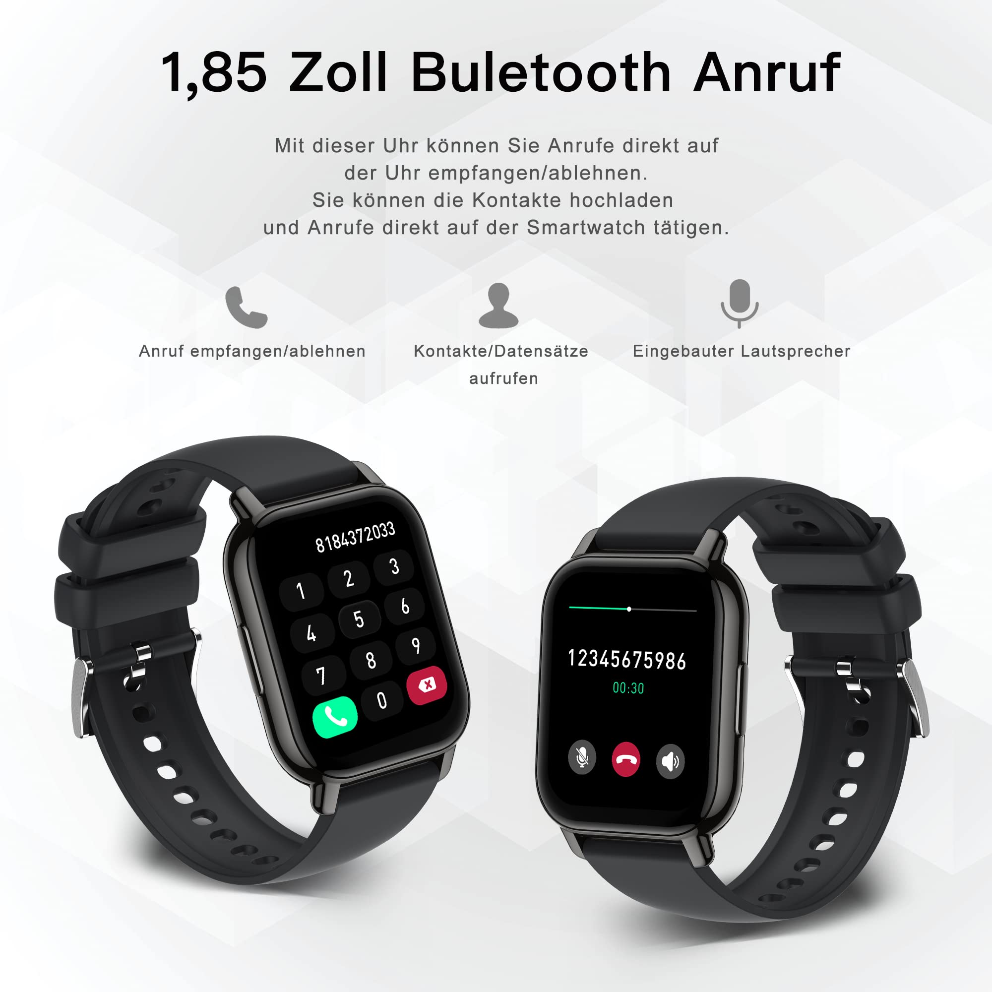 Popglory Smartwatch Herren Damen, 1.85" Fitnessuhr mit Blutdruckmessung Telefonfunktion Sprachsteuerung Herzfrequenz, 100+ Sportmodi Fitness Tracker Schrittzähler Schlaf SpO2, für Android iOS