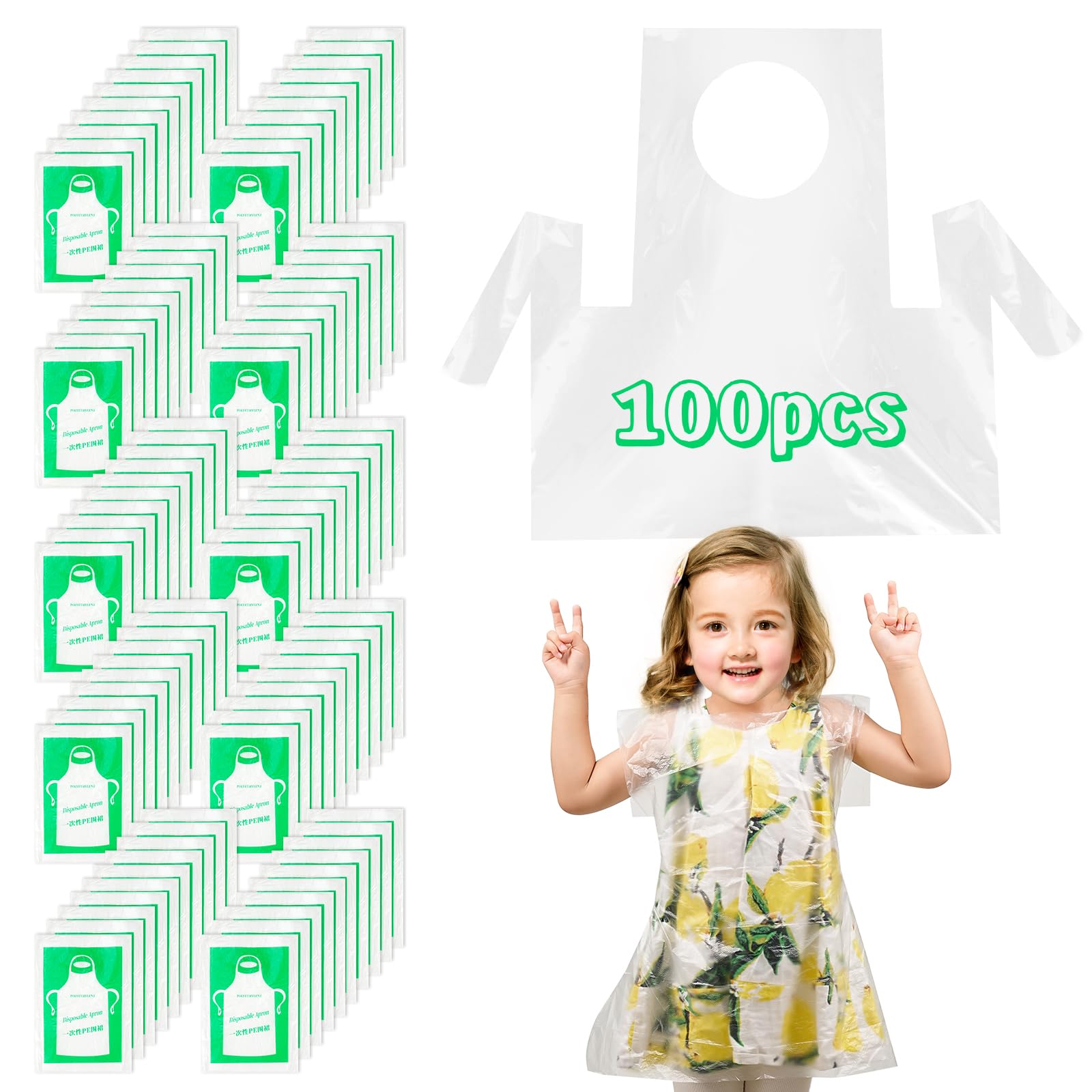 Noaya 100PCS Disposable Kids Aprons - Perfect for Creative Kids, Plastic Aprons for Painting, Cooking, Eating, Teaching, Picnic, DIY Craft