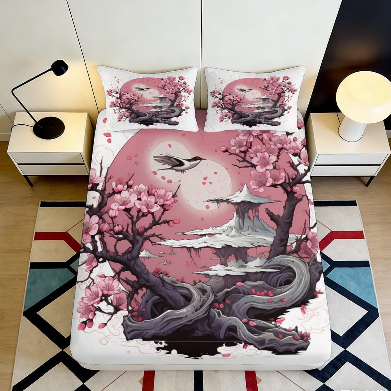 3D Printed Cherry Blossom Moon Fitted Sheet Microfiber Soft Pink Pagoda Bed Cover Anti-Slip for Bedroom Guest Room 90x200x25cm