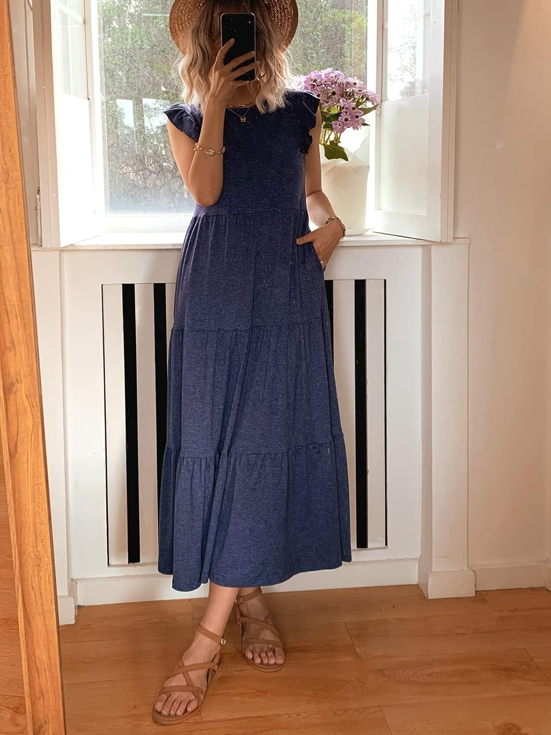 Women's Summer Sleeveless Maxi Dress Ruffle Sleeve Crewneck Tiered Flowy Pleated Casual A Line Sundress with Pockets - Image 3