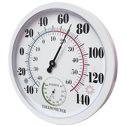 Indoor Outdoor Thermometer Large Wall Thermometer-Hygrometer Waterproof Does not Require Battery (White)