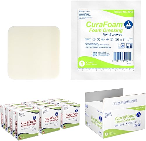 Dynarex CuraFoam - Apósito de espuma, sin bordes, estéril, proporciona cuidado acolchado y húmedo de las heridas, 4 x 4.25 pulgadas, paquete de 120