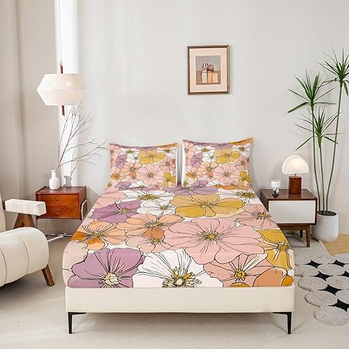 Miniatura 5 de Groovy - Juego de sábanas de flores con bolsillo profundo de los años 60S, 70S, 80S, flores hippie, rosa, morado, amarillo, retro, floral, bohemio,