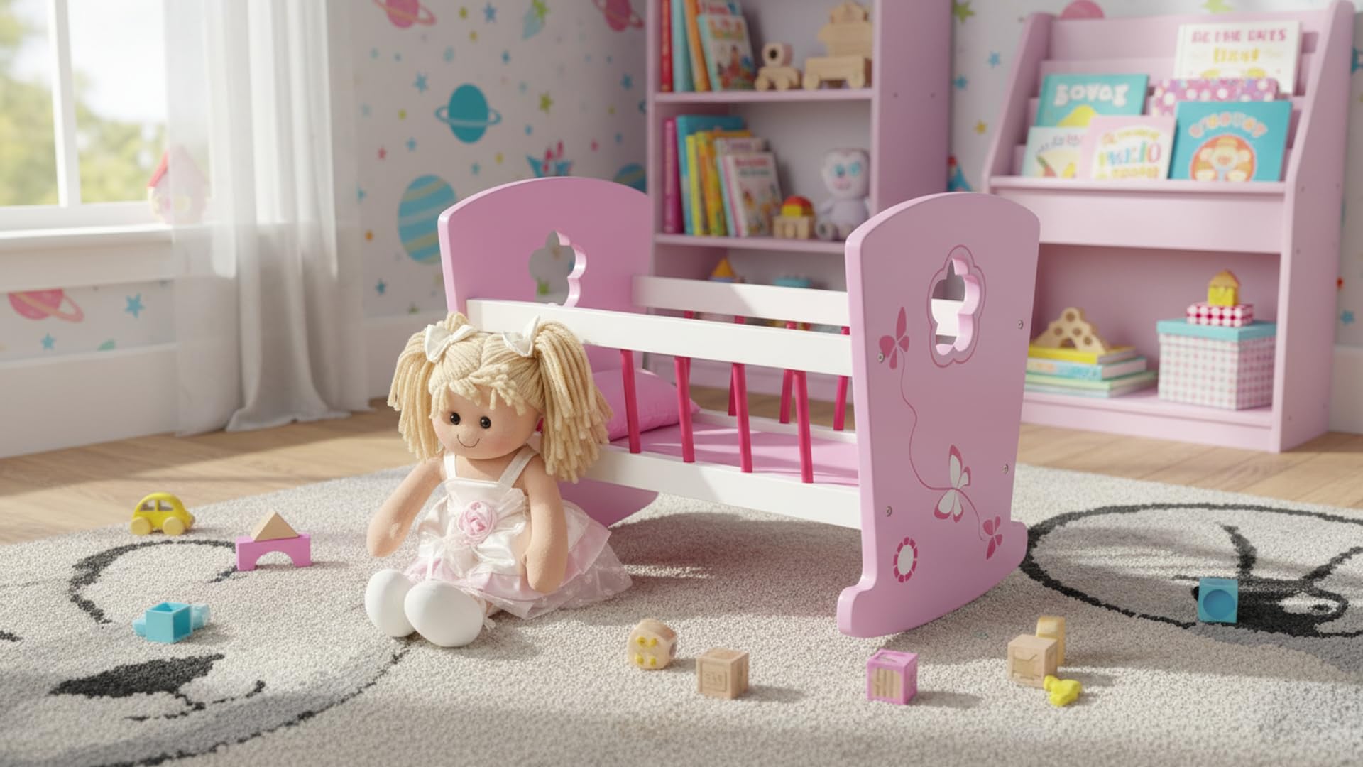 Rosa Puppenwiege aus Holz mit Puppe und Bettwäsche, Schaukelbett 46 x 28 x 34 cm, Puppenbett Komplettset mit Matratze, Decke und Kissen für Kinder ab 3 Jahren