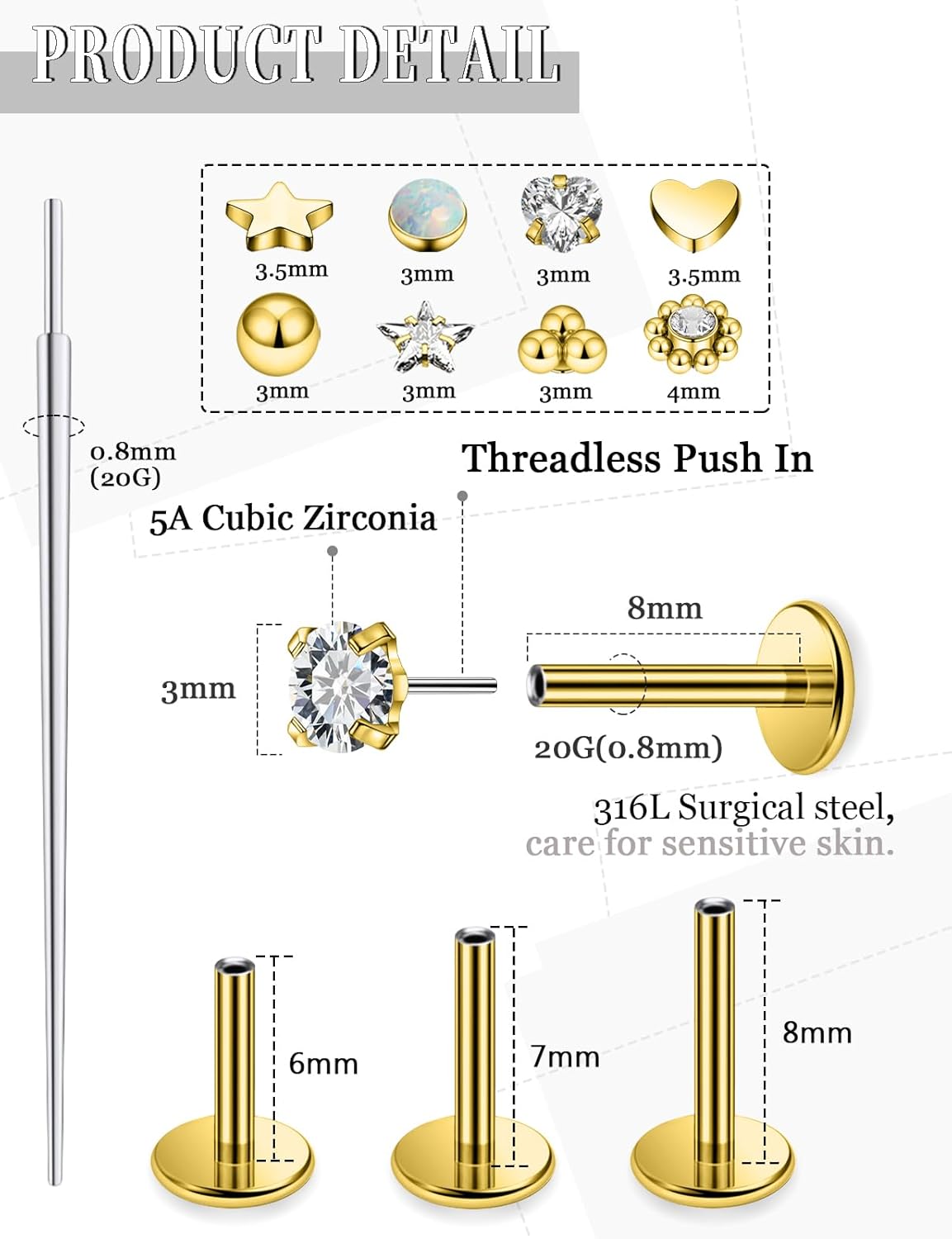 14K Gold Filled 20G 18G 16G Threadless Flat Back Earrings Studs Surgical Stainless Steel Clear CZ Push In Nose Rings Studs Tragus Helix Conch Cartilage Earrings Piercing Jewelry For Women Men - Image 2