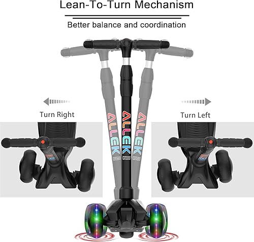 Miniatura 5 de Allek - Kick Scooter B03 Monopatín de 3 ruedas de Poliuretano iluminadas extra anchas con sistema inclinable y deslizante Lean N Glide manubrio