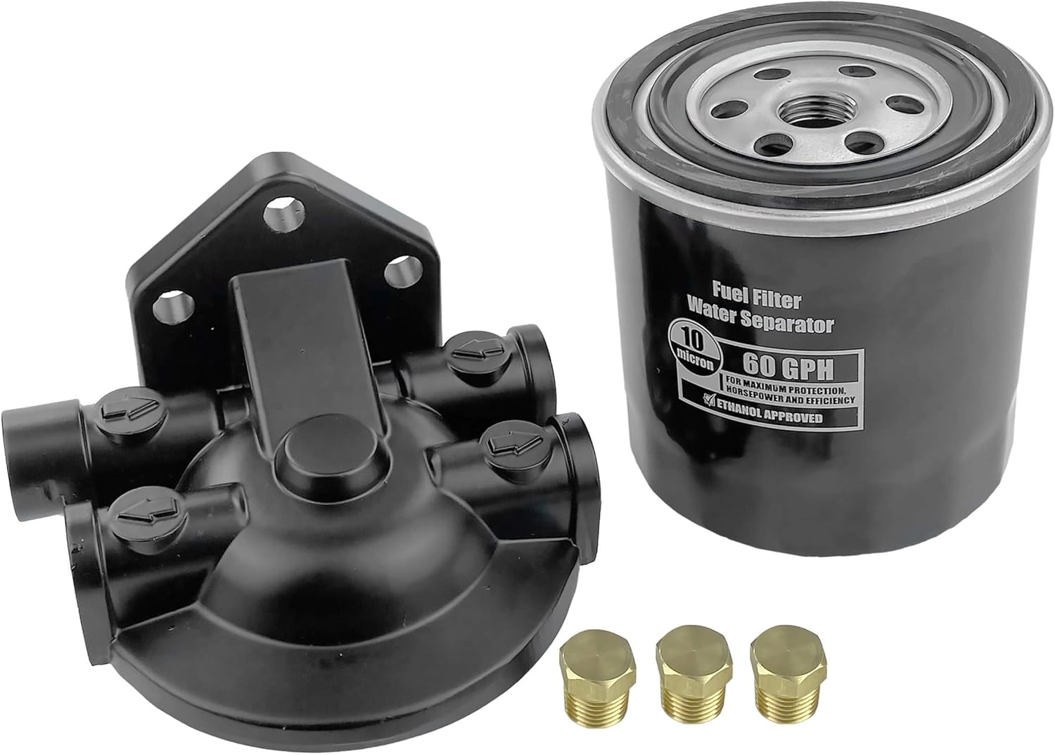 T-H Marine Fuel Filter Water Separator Kit for Boats - 10 Micron 60 GPH Spin On Marine Fuel Filter - Includes Mounting Bracket and 3 Brass Plugs - Ethanol Approved - For 2 Cycle and 4 Cycle Engines