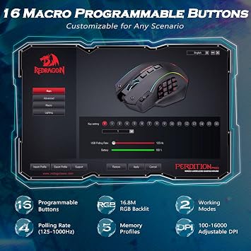 Redragon Wireless Gaming Mouse, MMO Gaming Mouse UP 16,000 DPI, 16 Macro Programmable Buttons, RGB Rechargeable Mouse with 12 Side Buttons, 70Hrs for PC Laptop MOBA FPS, White,M901P-WS