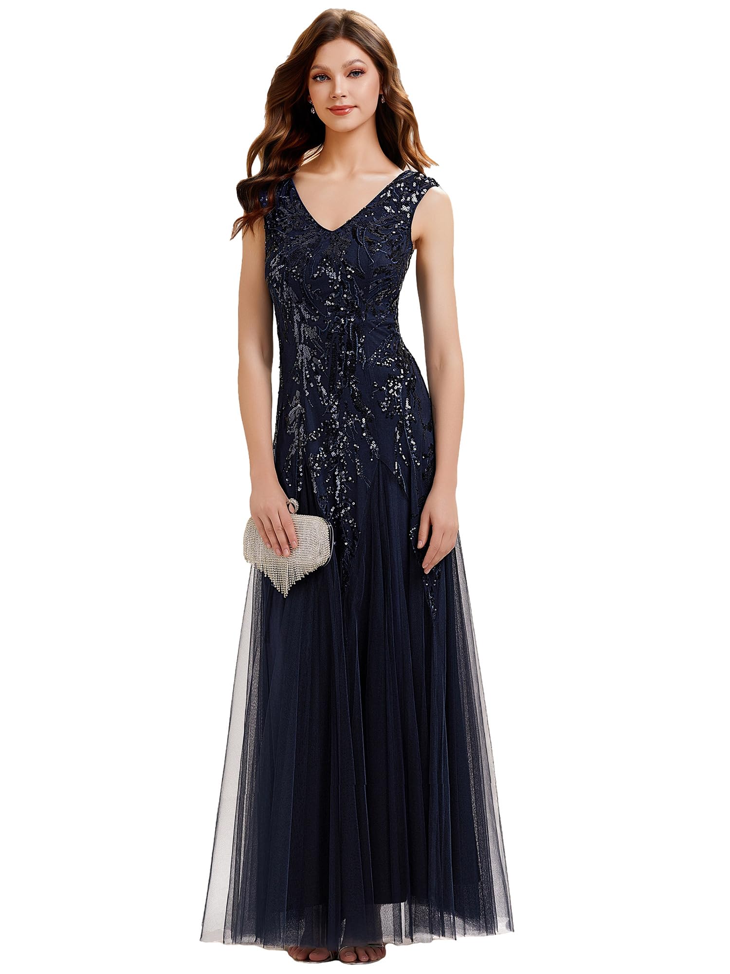 Ever-Pretty Robe de Soirée Femme Longue Paillettes Tulle Col V sans Manche EE02259