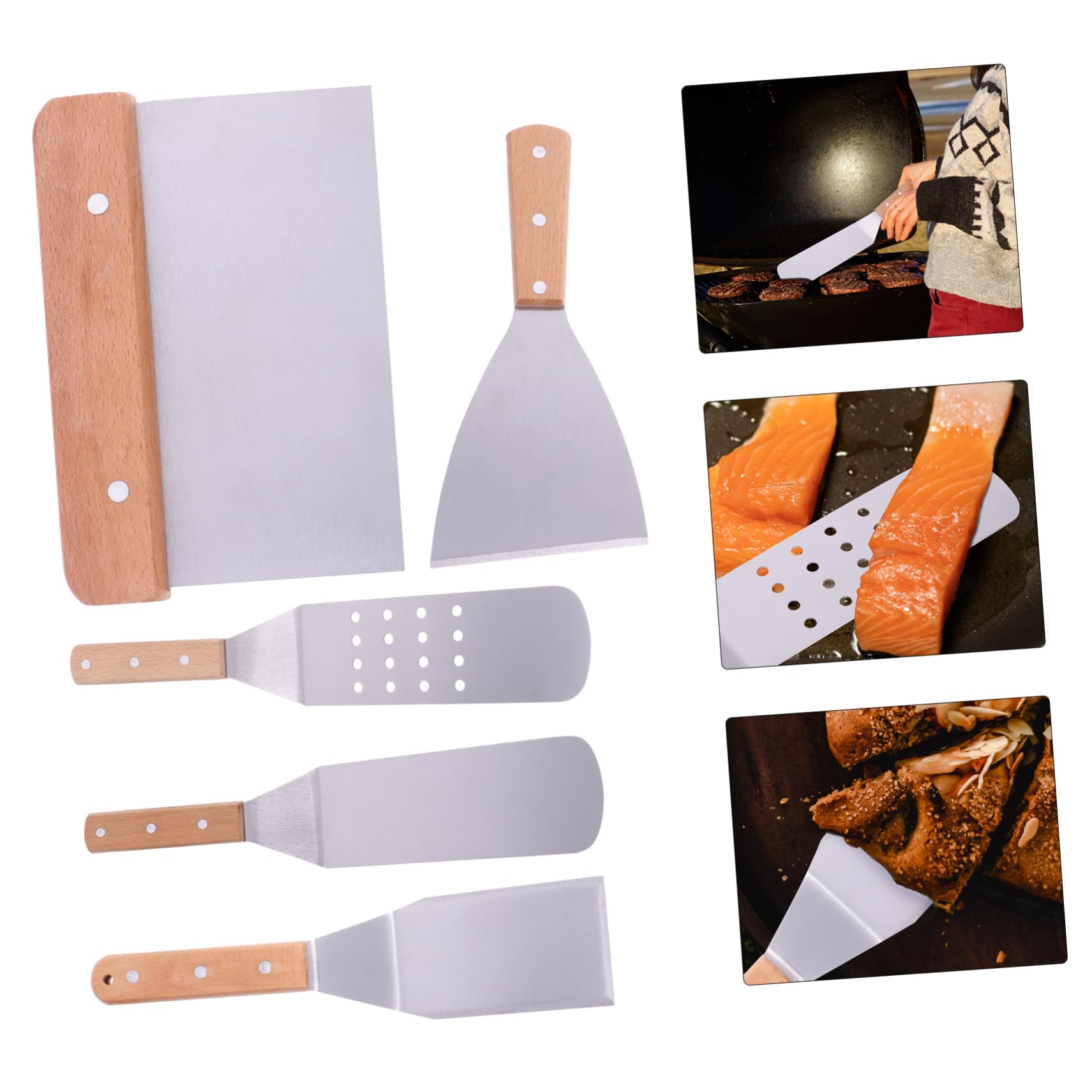 ULTECHNOVO Espátulas de Acero Inoxidable Resistente al Calor Juego de 5 Mango de Madera Pala para Pizza Bistec Adecuado para Cocina