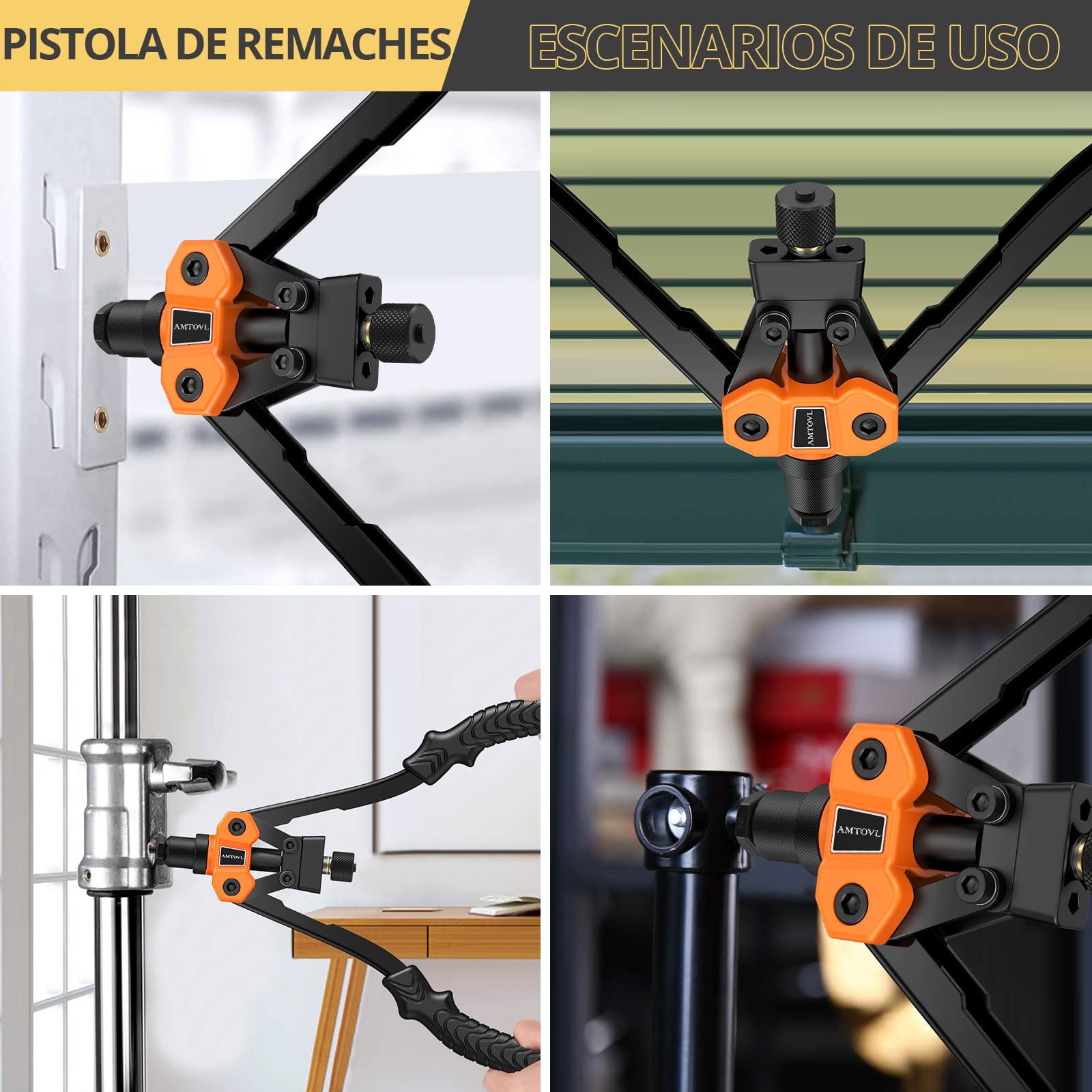 AMTOVL 12” Remachadora de Tuercas Pistola Remachadora Profesional con 6 Mandriles Métricos 125PCs Tuercas M3 M4 M5 M6 M8 M10 Remachadora Manual con Llave Multifuncional de Mango Antideslizante | Alicates de tuerca de remache, 125 tuercas de remache, mandr