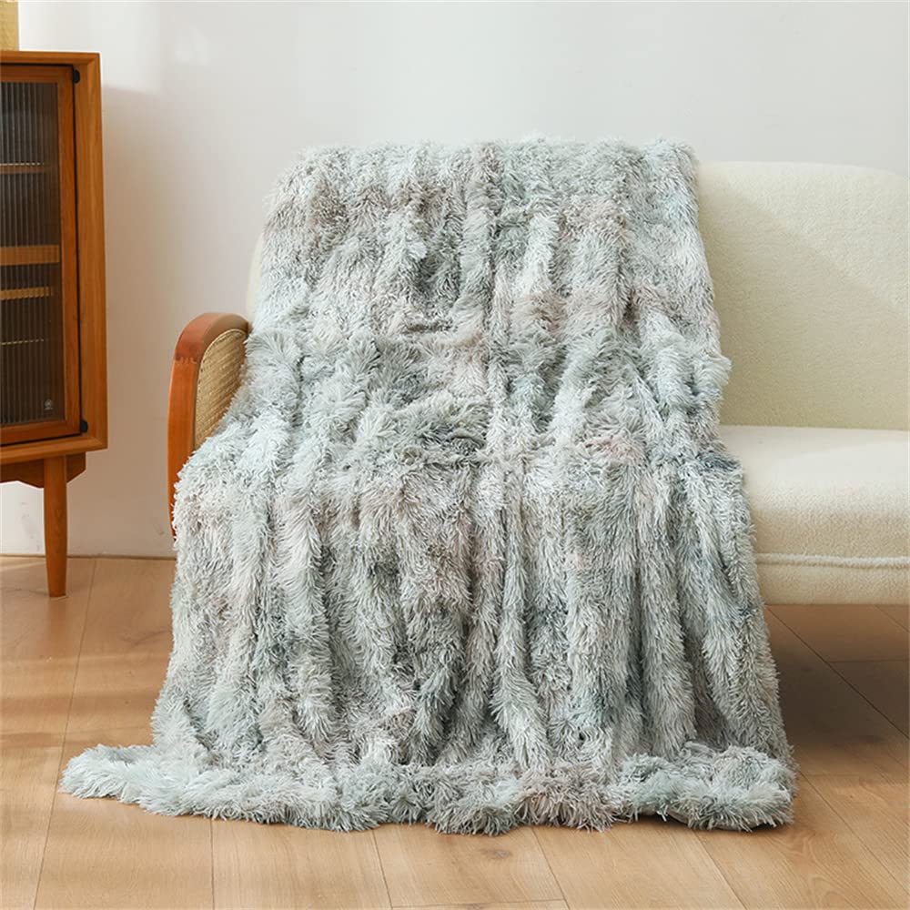 ENEN Manta Sofa/Cama Pelo Largo - Extra Suave Tie-Dye Manta Pequeña de Peluche, Manta Cubre Sofa Invierno Reversible con Piel Sintética Suave y Polar con Microfibra (80x120cm,Gris)