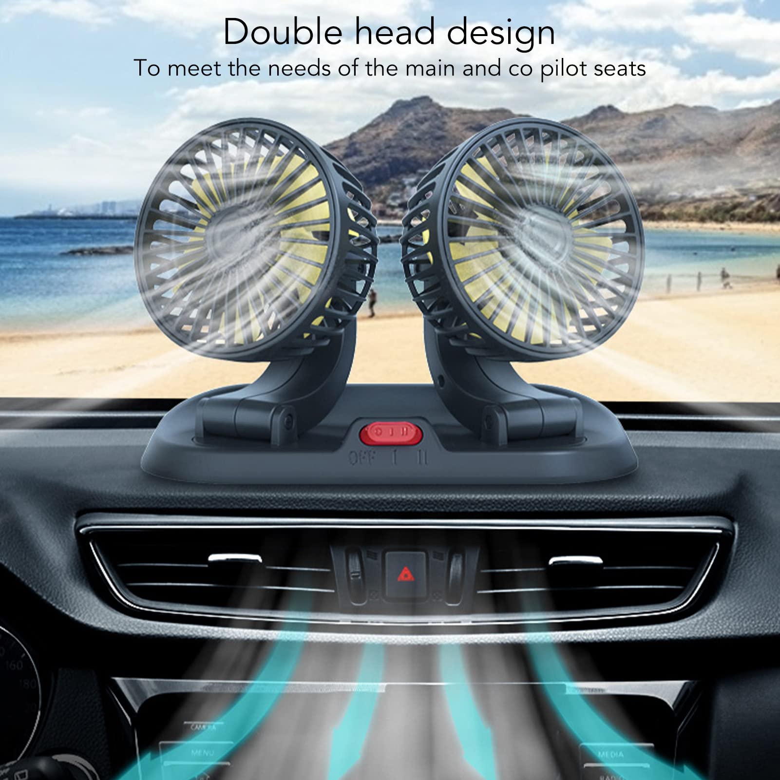 Ventilatore Auto 12V Circolatore per Veicoli con Doppia Testa Regolabile 360° Alimentazione ad Accendisigari Design Compatto per Cruscotto Soluzione Pratica contro il Calore in Macchina Accessorio
