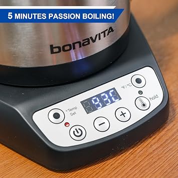 Bonavita 1L Digital Variable Temperature Gooseneck Electric Kettle for Coffee Brew and Tea Precise Pour Control, 6 Preset Temps, Cafe or Home Use, 1200 Watt, LED Panel, Stainless Steel