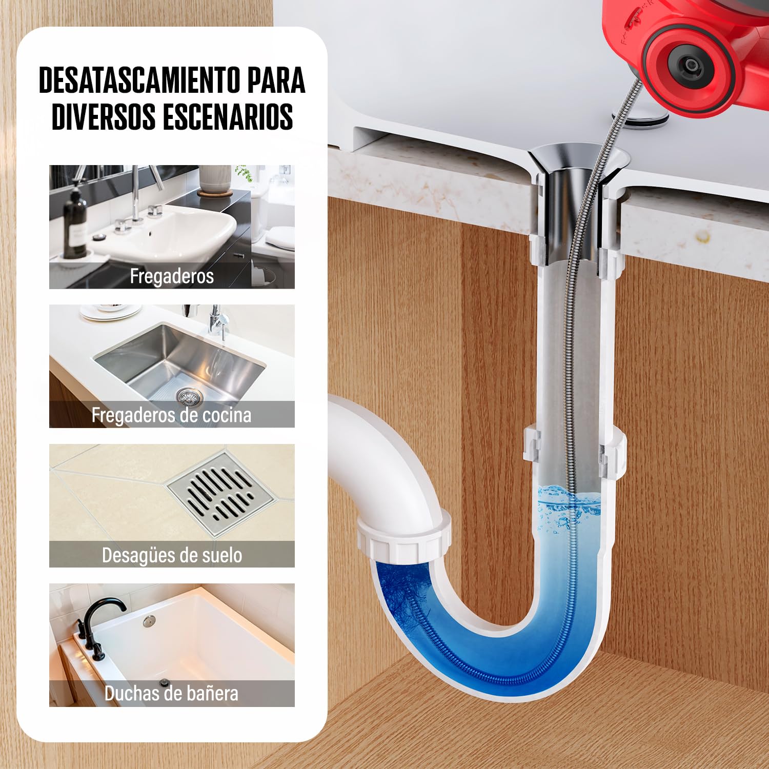 Populo Kit de desagüe eléctrico de iones de litio de 18V(20V Max), cable flexible de 7.6m, desagüe automático inalámbrico de hasta tuberías de 50 mm