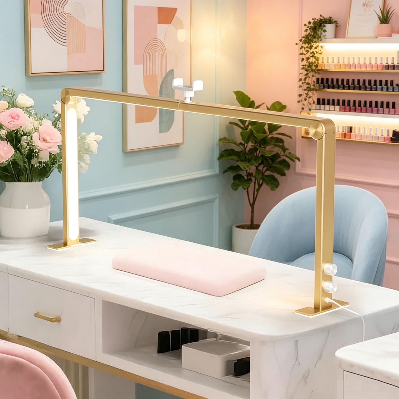 DAJIAYIQI 34" Foldable Half Moon Light, 48W Dimmable LED Light with Phone Holder, 3 Color Modes 3000K–6000K Adjustable Brightness, Professional Salon & Home Manicure Lamp(Gold)