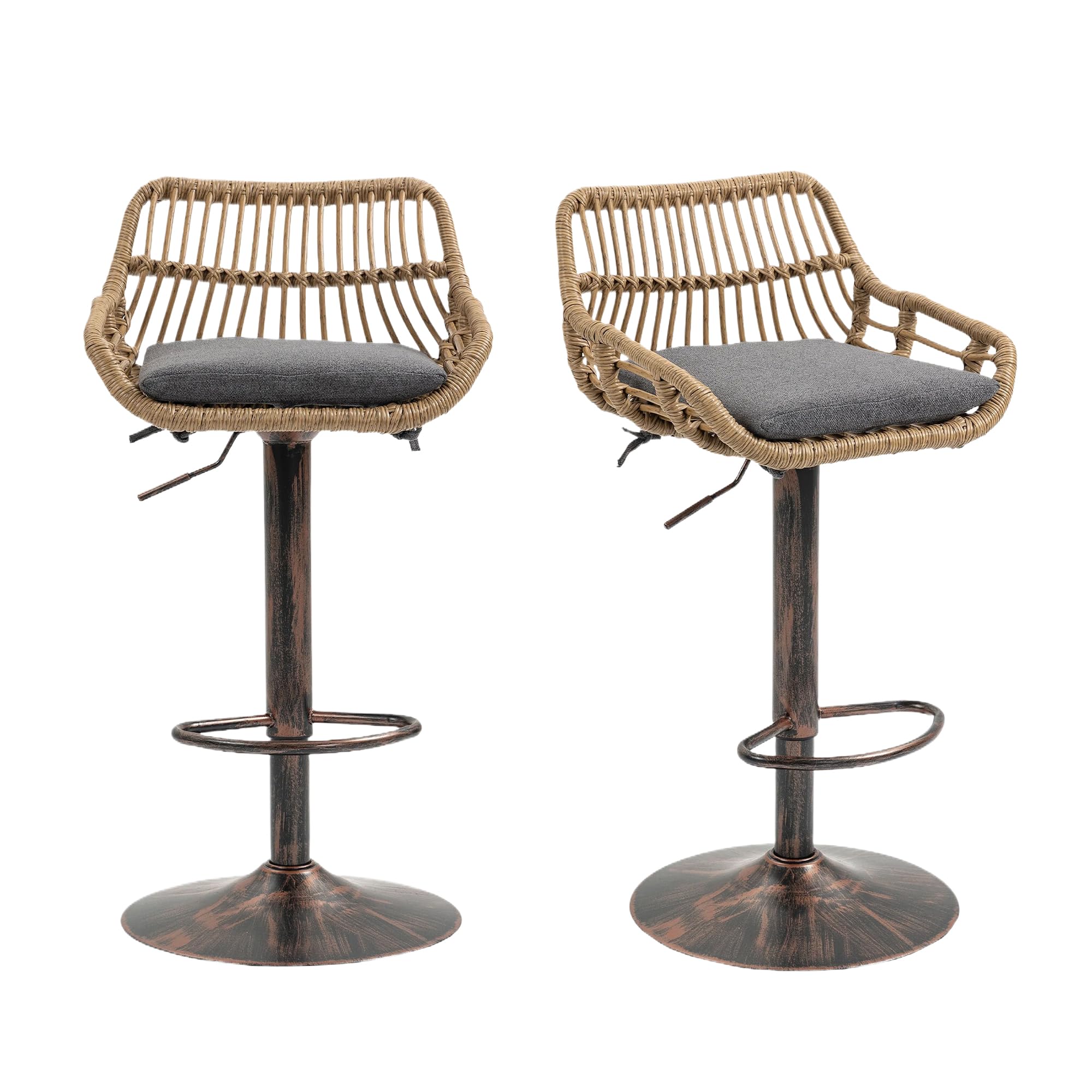 MOONMISS Swivel Bar Stools Set of 2, Modern Adjustable Counter Height Barstools with Back, Rattan Bar Chairs Patio Stool with Cushions & Metal
