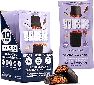 Krack’d Snacks Keto Chocolate Snack Bars (10 Pcs.) | Low Carb, Vegan Dark Chocolate Aloha Caramel with Almonds, Coconut, Allulose | Sugar Free, Gluten Free Candy Bars | Non GMO, Organic Keto Snack