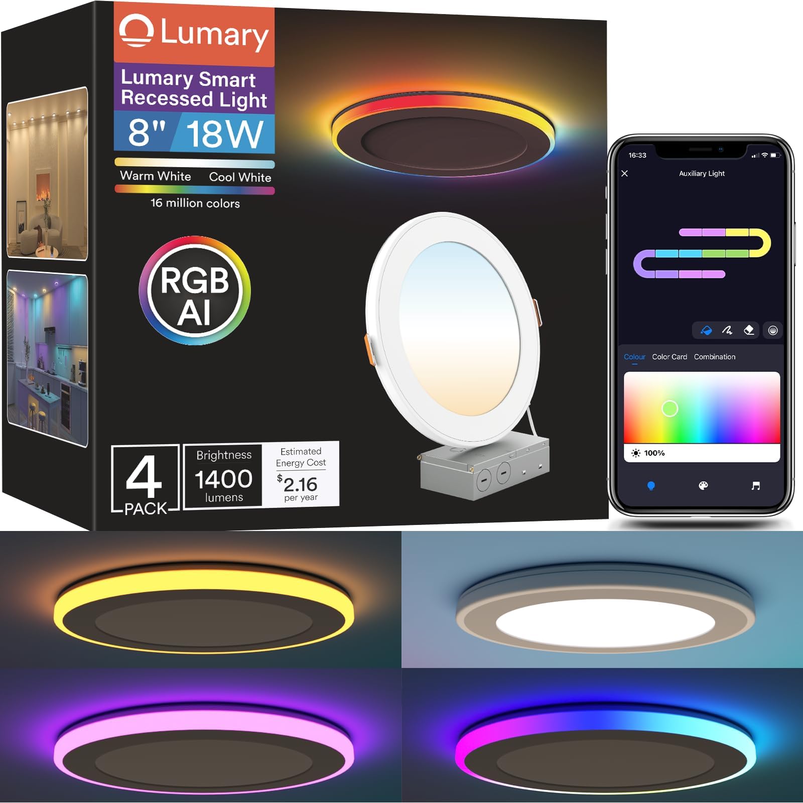 Lumary 8 Inch Smart Recessed Lights with RGBAI Gradient &amp; Night Ring, 18W