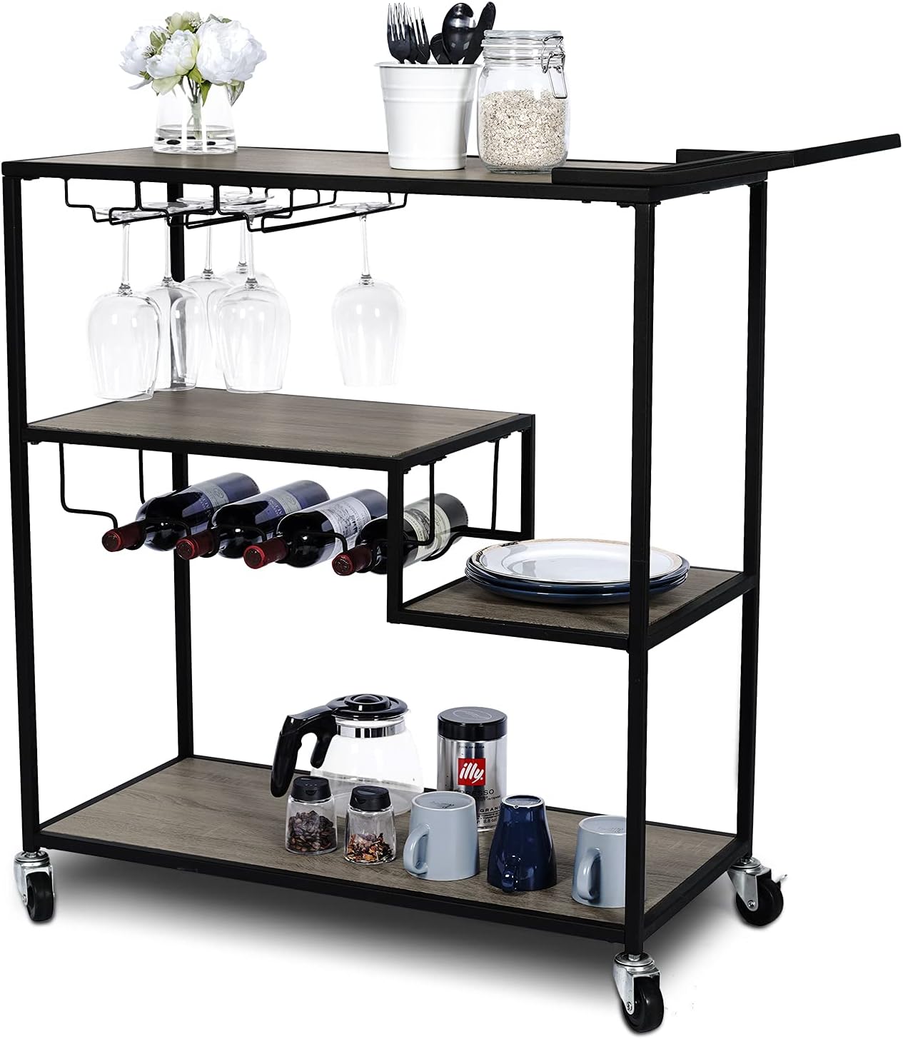 KATDANS Industrial Bar Cart-Home Bar Serving Carts - 4 Tier Storage Kitchen Cabinet - Rolling Serving Trolley with Wine Rack - Metal Frame - Weathered Oak, KS015 - Bar & Serving Carts