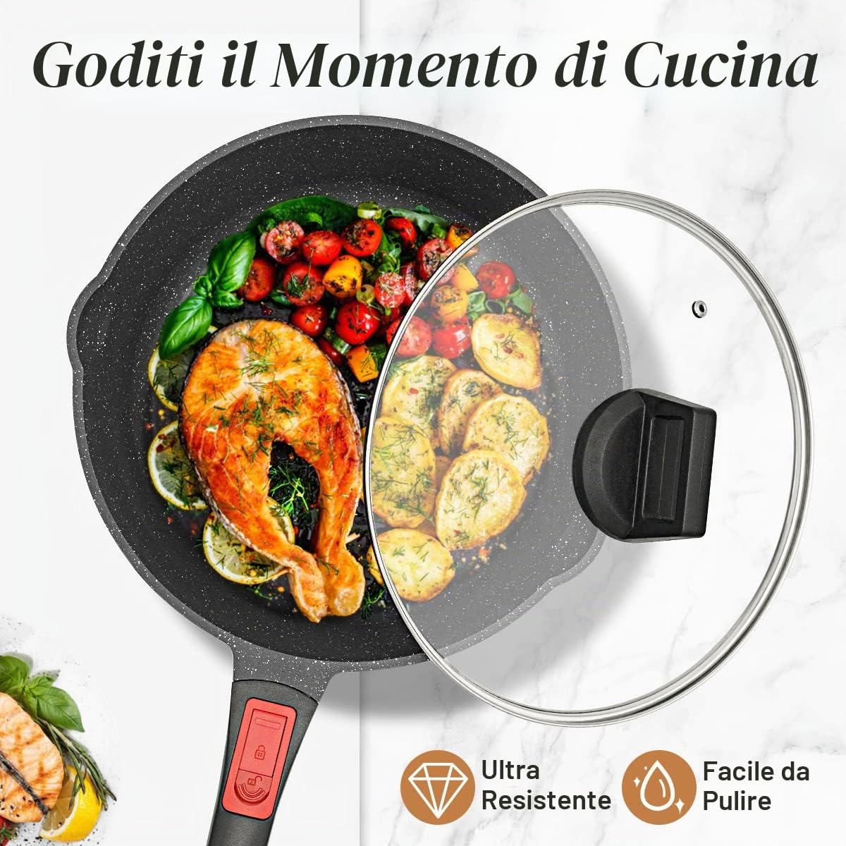 Padella Antiaderente 28cm Aluminium Padelle Professionali con Coperchio per Cucinare, Manico Rimovibile, Tutti Fornelli y induzione, forno sicuro(Nero)