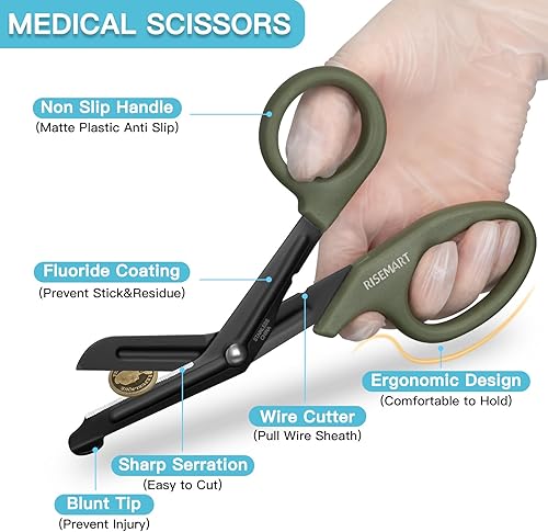 Miniatura 2 de Tijeras de trauma  RISEMART Tijeras médicas vendaje para enfermeras, 7.5 pulgadas, cuchillas antiadherentes recubiertas de fluoruro de acero