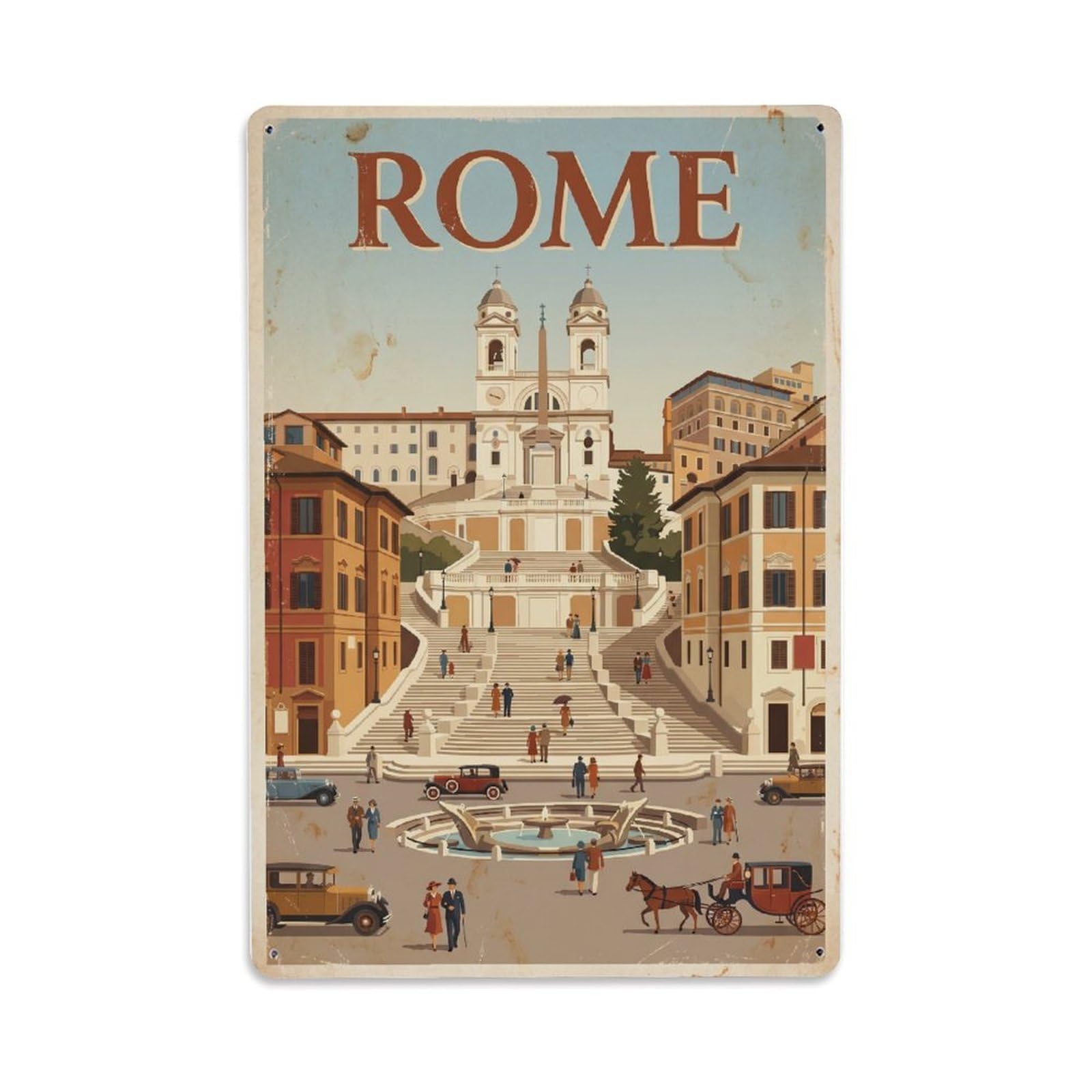 Vintage Travel Rome Spanish Steps Piazza Di Spagna Rusted Italy Metal Tin Sign Plaque Wall Decor for Cafe, Club Bar, Office, Home Garden Metal Poster 8x12Inch